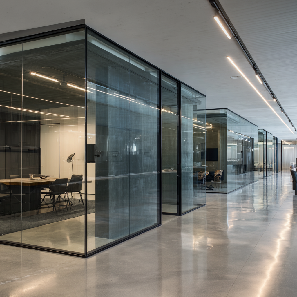Modern glass partition system in commercial office space